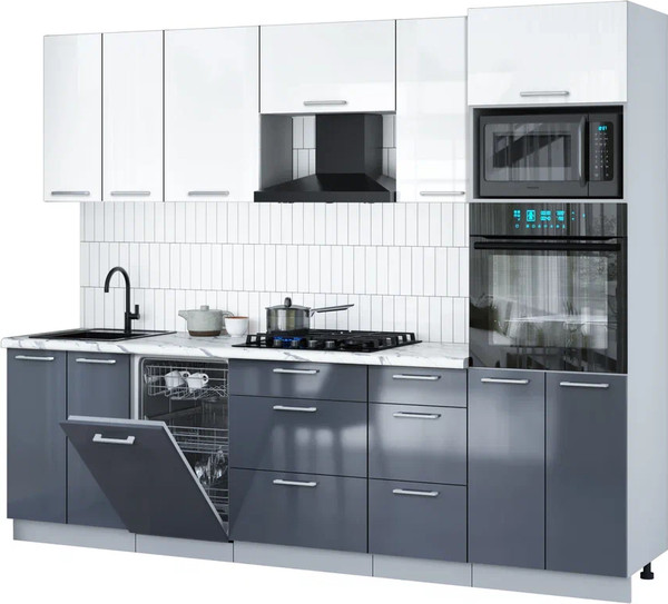 Изображение товара Кухонный гарнитур Interline Мила Gloss 2.65-ПМ3 (асфальт глянец/белый глянец/белый гранит)