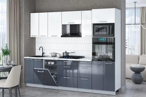 Изображение товара Кухонный гарнитур Interline Мила Gloss 2.65-ПМ3 (асфальт глянец/белый глянец/белый гранит)
