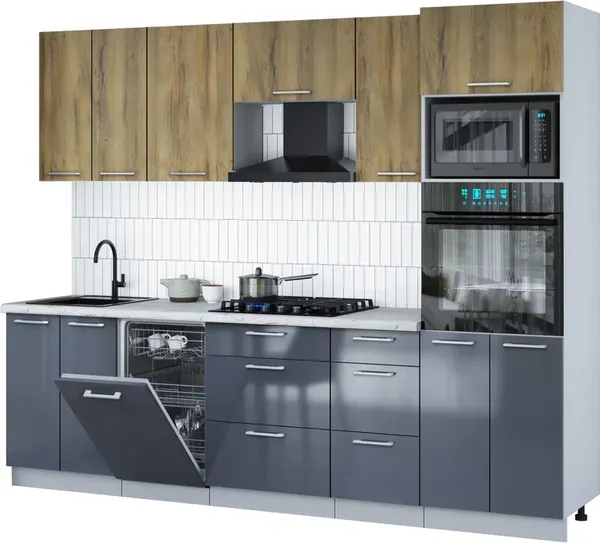Изображение товара Кухонный гарнитур Interline Мила Gloss 2.65-ПМ3 (асфальт глянец/дуб вотан/серый каспий)