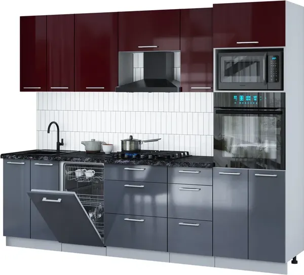 Изображение товара Кухонный гарнитур Interline Мила Gloss 2.65-ПМ3 (асфальт глянец/бордовый глянец/кастилло темный)