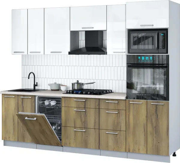 Изображение товара Кухонный гарнитур Interline Мила Gloss 2.65-ПМ3 (дуб вотан/белый глянец/травертин серый)