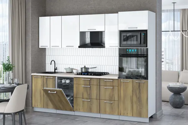 Изображение товара Кухонный гарнитур Interline Мила Gloss 2.65-ПМ3 (дуб вотан/белый глянец/травертин серый)