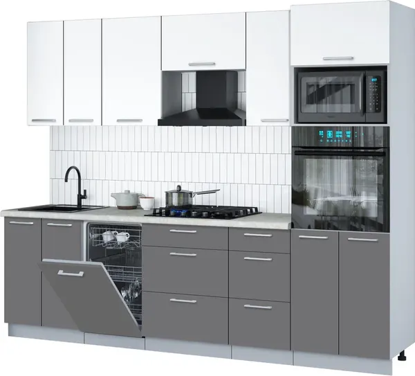Изображение товара Кухонный гарнитур Interline Мила Gloss 2.65-ПМ3 (серый/белый/опал светлый)
