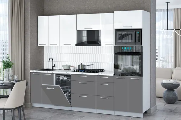 Изображение товара Кухонный гарнитур Interline Мила Gloss 2.65-ПМ3 (серый/белый глянец/белый гранит)