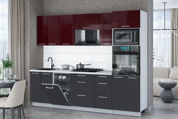 Изображение товара Кухонный гарнитур Interline Мила Gloss 2.65-ПМ3 (пепел/бордовый глянец/серый каспий)