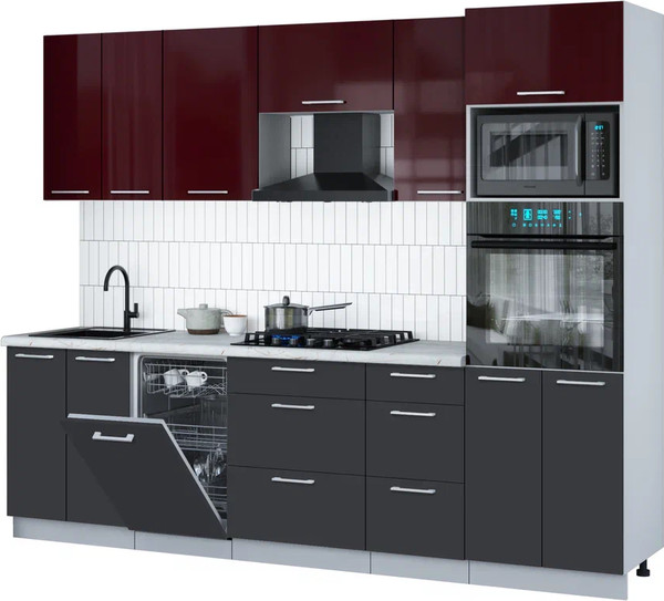 Изображение товара Кухонный гарнитур Interline Мила Gloss 2.65-ПМ3 (пепел/бордовый глянец/серый каспий)