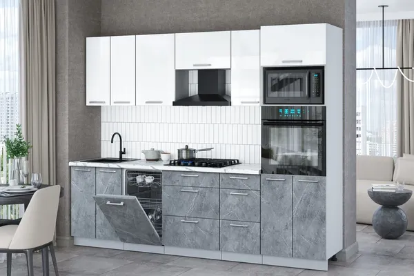 Изображение товара Кухонный гарнитур Interline Мила Gloss 2.65-ПМ3 (керамика/белый глянец/белый гранит)