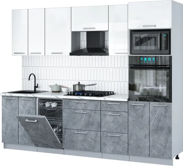 Изображение товара Кухонный гарнитур Interline Мила Gloss 2.65-ПМ3 (керамика/белый глянец/белый гранит)