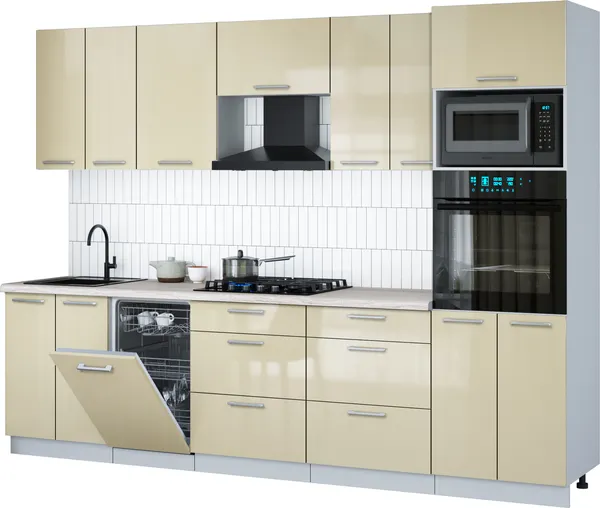 Изображение товара Кухонный гарнитур Interline Мила Gloss 2.85-ПМ3 (ваниль глянец/ваниль глянец/травертин серый)