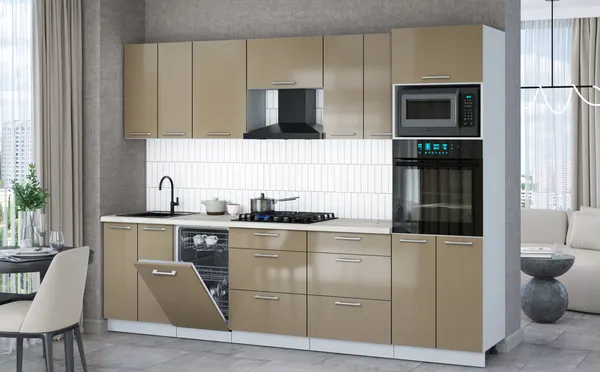 Изображение товара Кухонный гарнитур Interline Мила Gloss 2.85-ПМ3 (капучино глянец/капучино глянец/бискайская сосна)