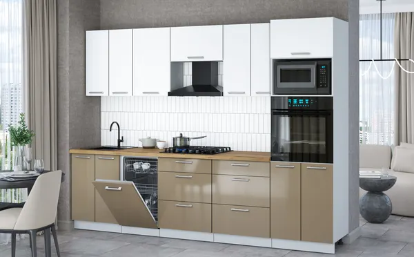 Изображение товара Кухонный гарнитур Interline Мила Gloss 2.85-ПМ3 (капучино глянец/белый/дуб бунратти)
