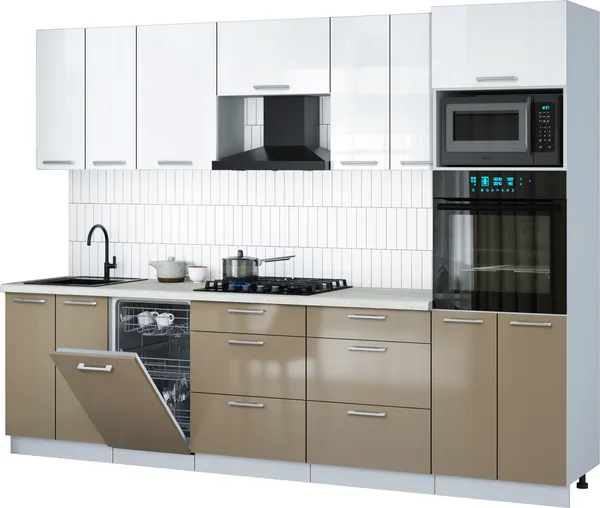Изображение товара Кухонный гарнитур Interline Мила Gloss 2.85-ПМ3 (капучино глянец/белый глянец/опал светлый)