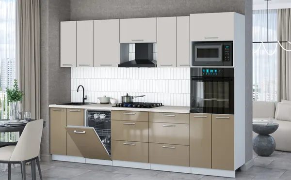 Изображение товара Кухонный гарнитур Interline Мила Gloss 2.85-ПМ3 (капучино глянец/кашемир/травертин серый)