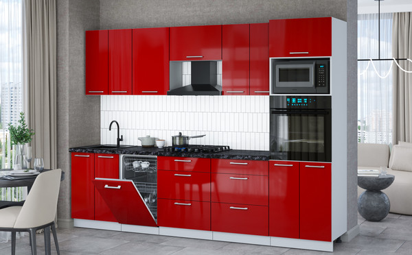Изображение товара Кухонный гарнитур Interline Мила Gloss 2.85-ПМ3 (красный глянец/красный глянец/кастилло темный)