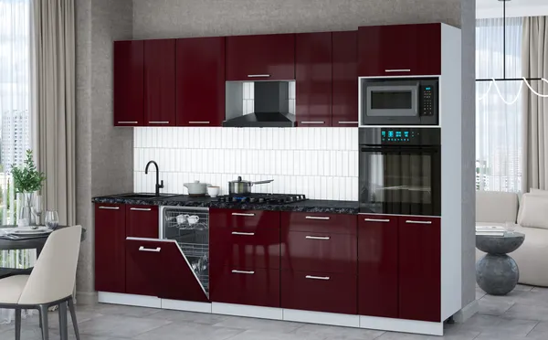 Изображение товара Кухонный гарнитур Interline Мила Gloss 2.85-ПМ3 (бордовый глянец/бордовый глянец/кастилло темный)