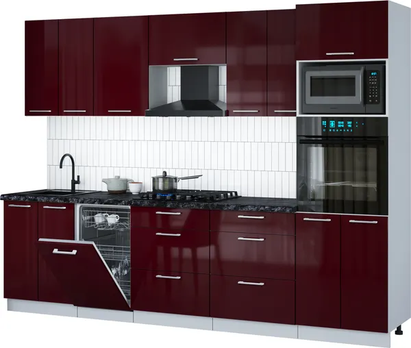 Изображение товара Кухонный гарнитур Interline Мила Gloss 2.85-ПМ3 (бордовый глянец/бордовый глянец/кастилло темный)