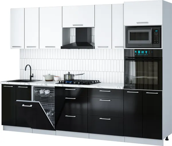 Изображение товара Кухонный гарнитур Interline Мила Gloss 2.85-ПМ3 (черный глянец/белый/белый гранит)