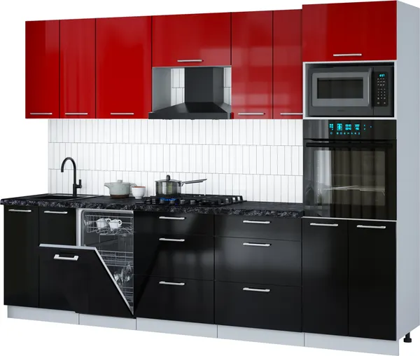 Изображение товара Кухонный гарнитур Interline Мила Gloss 2.85-ПМ3 (черный глянец/красный глянец/кастилло темный)