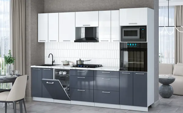 Изображение товара Кухонный гарнитур Interline Мила Gloss 2.85-ПМ3 (асфальт глянец/белый глянец/белый гранит)