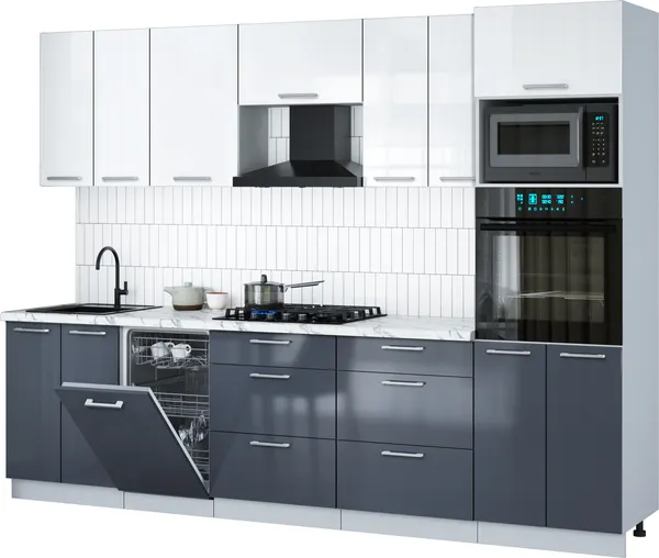 Изображение товара Кухонный гарнитур Interline Мила Gloss 2.85-ПМ3 (асфальт глянец/белый глянец/белый гранит)