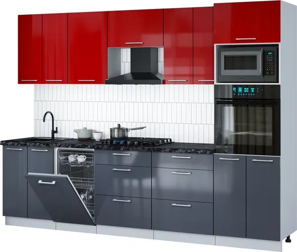 Изображение товара Кухонный гарнитур Interline Мила Gloss 2.85-ПМ3 (асфальт глянец/красный глянец/кастилло темный)