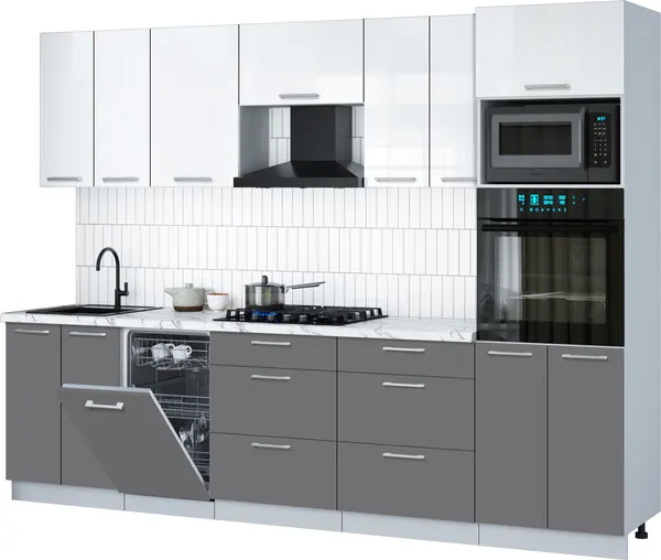 Изображение товара Кухонный гарнитур Interline Мила Gloss 2.85-ПМ3 (серый/белый глянец/белый гранит)