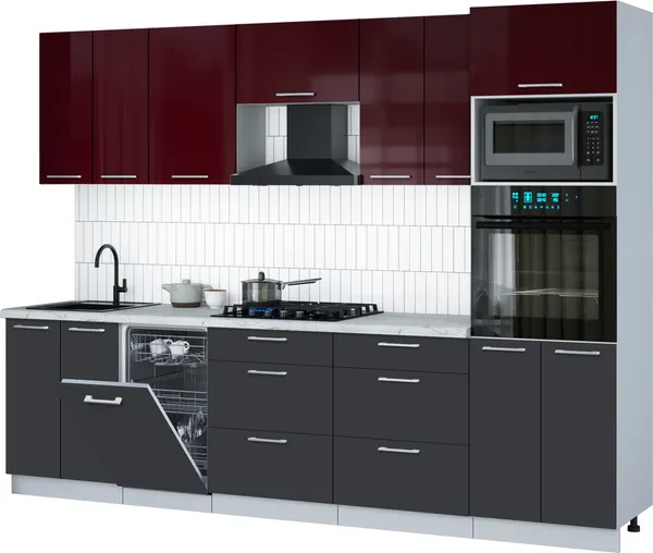 Изображение товара Кухонный гарнитур Interline Мила Gloss 2.85-ПМ3 (пепел/бордовый глянец/серый каспий)