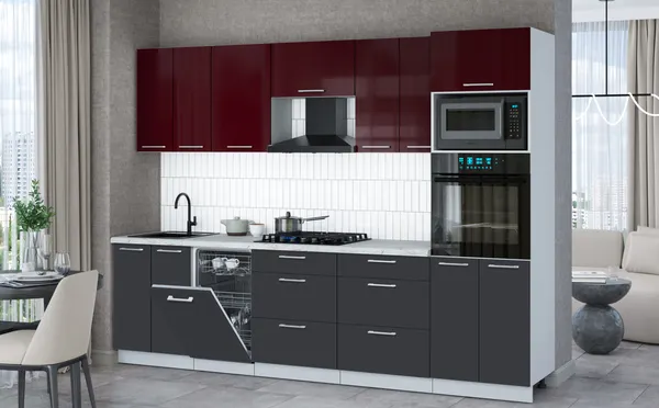 Изображение товара Кухонный гарнитур Interline Мила Gloss 2.85-ПМ3 (пепел/бордовый глянец/серый каспий)