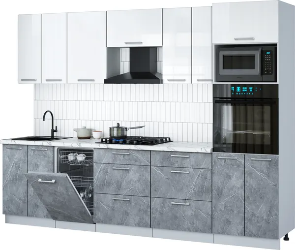 Изображение товара Кухонный гарнитур Interline Мила Gloss 2.85-ПМ3 (керамика/белый глянец/белый гранит)