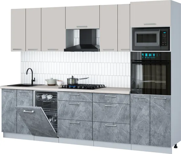 Изображение товара Кухонный гарнитур Interline Мила Gloss 2.85-ПМ3 (керамика/кашемир/травертин серый)
