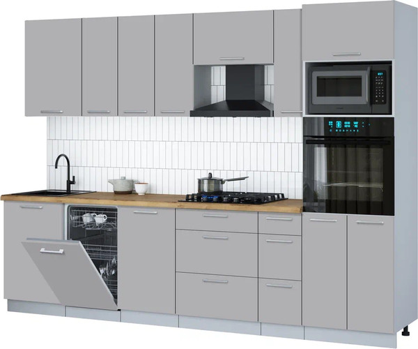 Изображение товара Кухонный гарнитур Интерлиния Мила Gloss 2.9-ПМ3 (грей/грей/дуб бунратти)