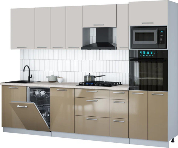 Изображение товара Кухонный гарнитур Интерлиния Мила Gloss 2.9-ПМ3 (капучино глянец/кашемир/травертин серый)