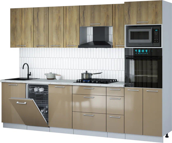 Изображение товара Кухонный гарнитур Интерлиния Мила Gloss 2.9-ПМ3 (капучино глянец/дуб вотан/серый каспий)