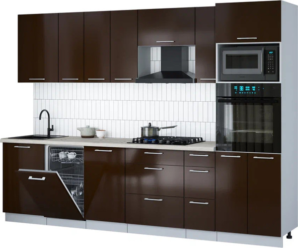 Изображение товара Кухонный гарнитур Интерлиния Мила Gloss 2.9-ПМ3 (шоколад глянец/шоколад глянец/бискайская сосна)