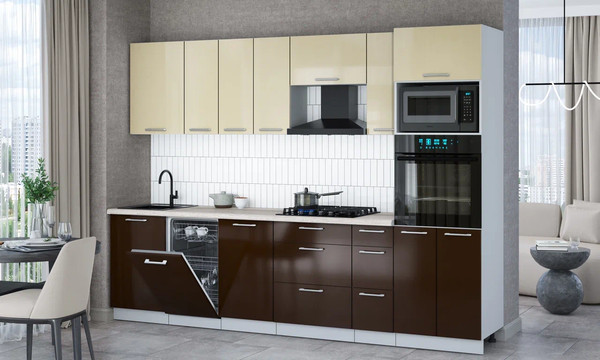 Изображение товара Кухонный гарнитур Интерлиния Мила Gloss 2.9-ПМ3 (шоколад глянец/ваниль глянец/травертин серый)