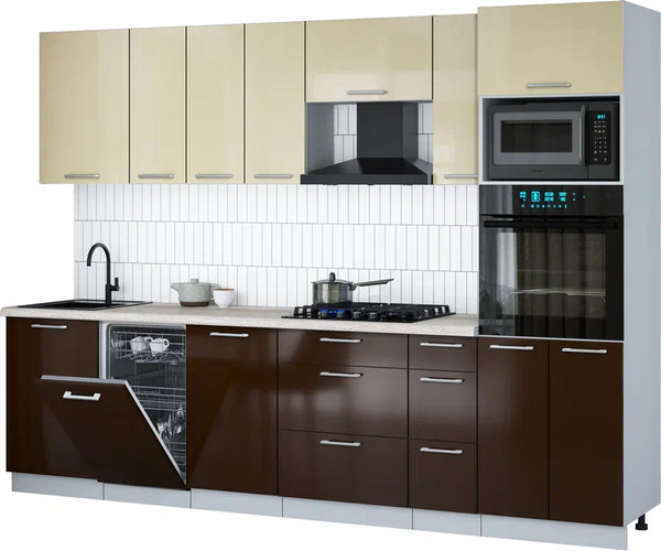 Изображение товара Кухонный гарнитур Интерлиния Мила Gloss 2.9-ПМ3 (шоколад глянец/ваниль глянец/травертин серый)