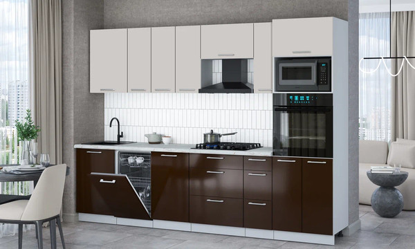 Изображение товара Кухонный гарнитур Интерлиния Мила Gloss 2.9-ПМ3 (шоколад глянец/кашемир/серый каспий)