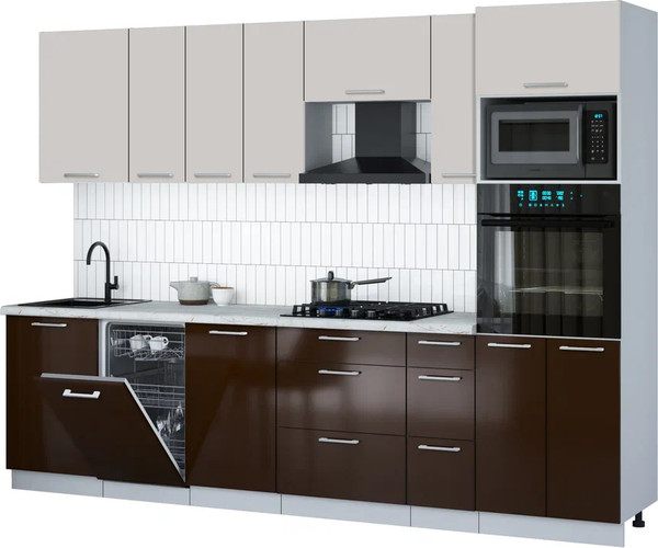 Изображение товара Кухонный гарнитур Интерлиния Мила Gloss 2.9-ПМ3 (шоколад глянец/кашемир/серый каспий)