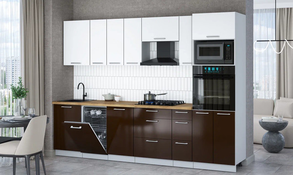 Изображение товара Кухонный гарнитур Интерлиния Мила Gloss 2.9-ПМ3 (шоколад глянец/белый/дуб бунратти)