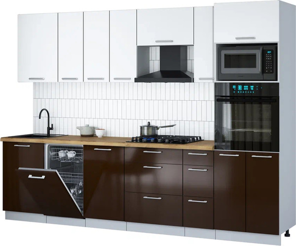 Изображение товара Кухонный гарнитур Интерлиния Мила Gloss 2.9-ПМ3 (шоколад глянец/белый/дуб бунратти)