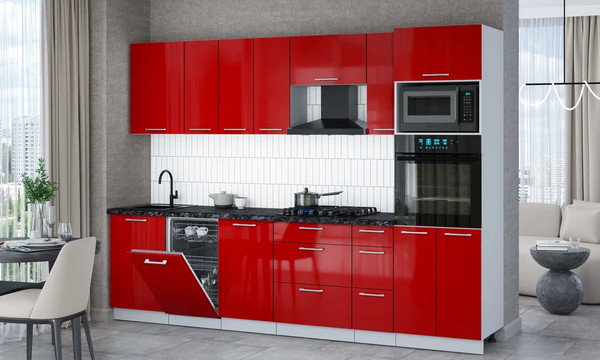 Изображение товара Кухонный гарнитур Интерлиния Мила Gloss 2.9-ПМ3 (красный глянец/красный глянец/кастилло темный)