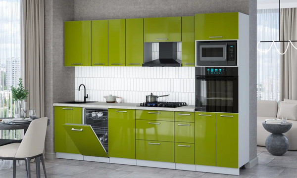 Изображение товара Кухонный гарнитур Интерлиния Мила Gloss 2.9-ПМ3 (яблоко глянец/яблоко глянец/опал светлый)