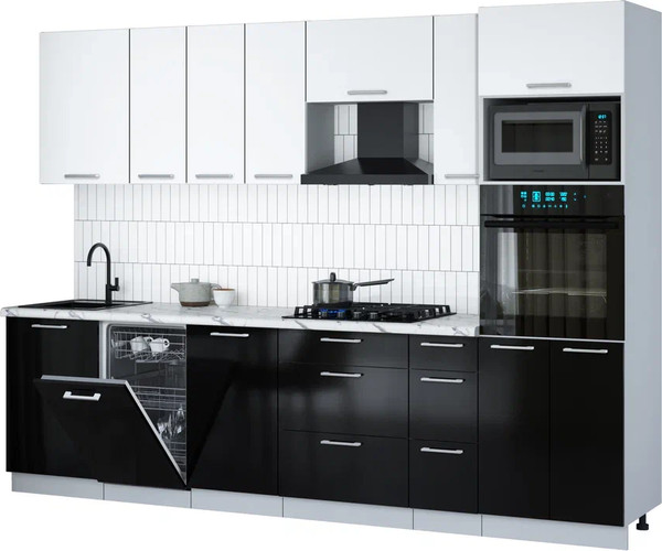 Изображение товара Кухонный гарнитур Интерлиния Мила Gloss 2.9-ПМ3 (черный глянец/белый/белый гранит)
