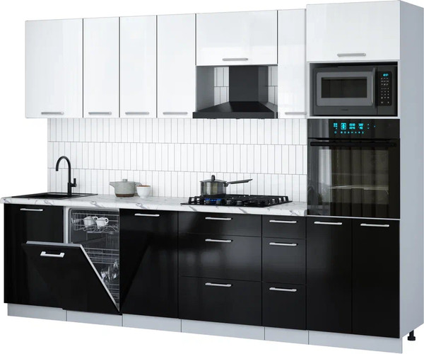 Изображение товара Кухонный гарнитур Интерлиния Мила Gloss 2.9-ПМ3 (черный глянец/белый глянец/белый гранит)