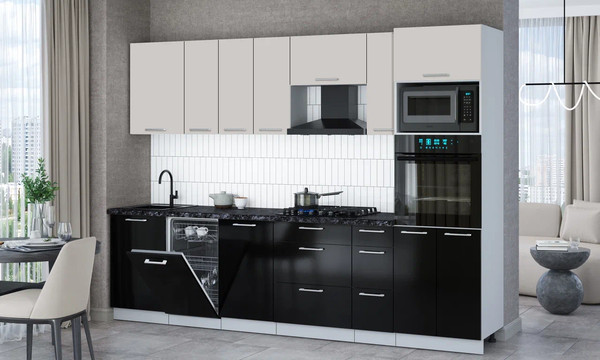 Изображение товара Кухонный гарнитур Интерлиния Мила Gloss 2.9-ПМ3 (черный глянец/кашемир/кастилло темный)