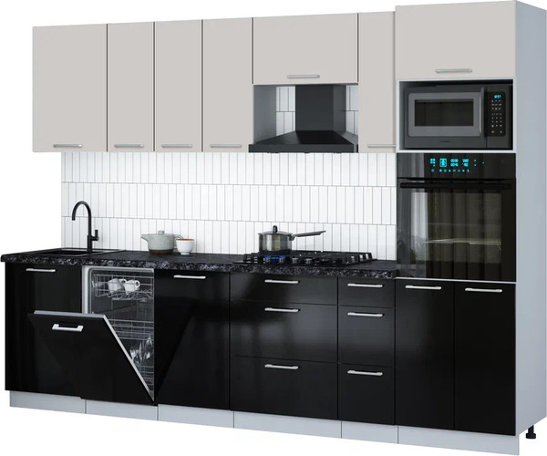 Изображение товара Кухонный гарнитур Интерлиния Мила Gloss 2.9-ПМ3 (черный глянец/кашемир/кастилло темный)