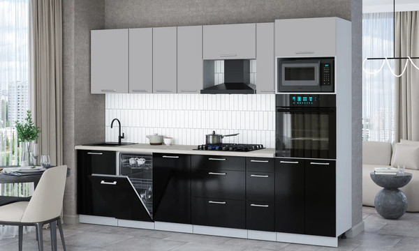 Изображение товара Кухонный гарнитур Интерлиния Мила Gloss 2.9-ПМ3 (черный глянец/грей/бискайская сосна)