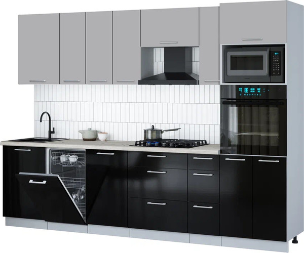 Изображение товара Кухонный гарнитур Интерлиния Мила Gloss 2.9-ПМ3 (черный глянец/грей/бискайская сосна)