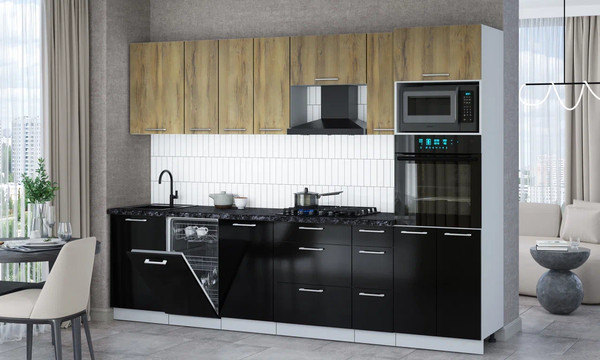 Изображение товара Кухонный гарнитур Интерлиния Мила Gloss 2.9-ПМ3 (черный глянец/дуб вотан/кастилло темный)