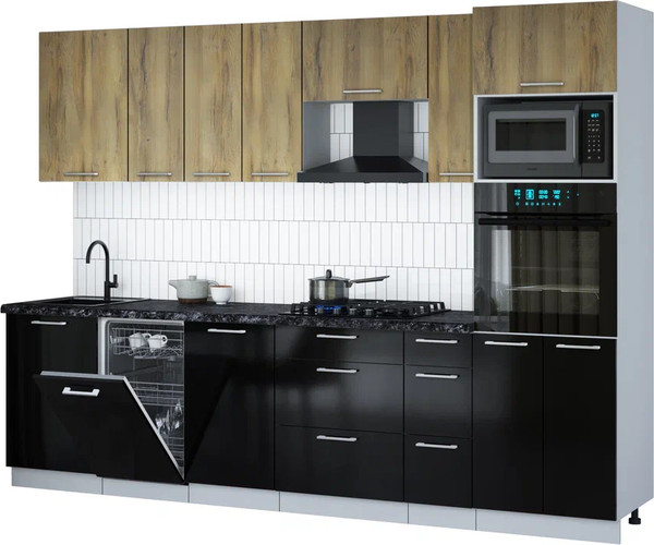 Изображение товара Кухонный гарнитур Интерлиния Мила Gloss 2.9-ПМ3 (черный глянец/дуб вотан/кастилло темный)